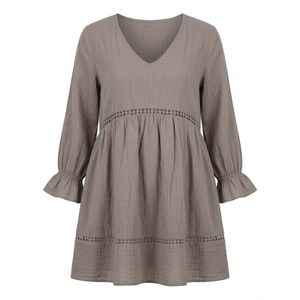 Vanessa Zani Italy LARGE Taupe Cotton Gauze Babydoll Dress Crochet Trim - AC